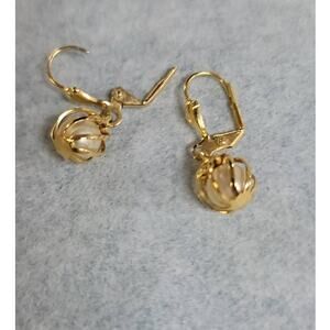 Caged pearl earrings dangle goldtone pierced drop unmarked